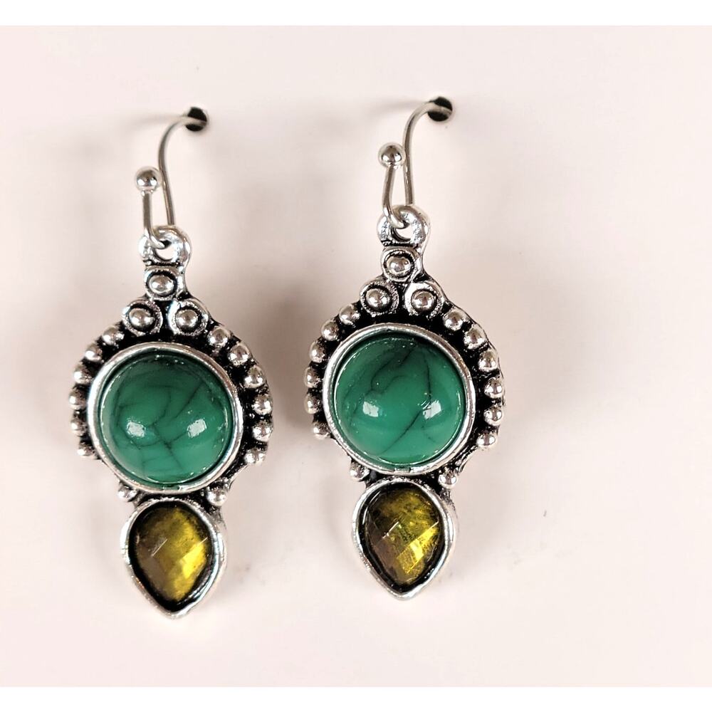 Boho Green Stone Dangle Earrings Silver Tone Teardrop Accent Fashion Jewelry